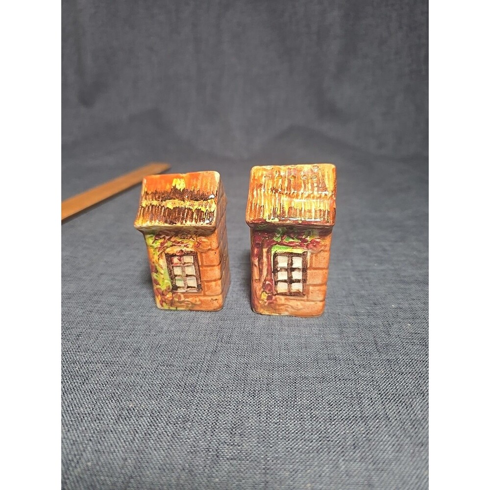 Vtg Handoainted Ceramic Salt and Pepper Shakers Cottagecore Houses Vines Decor